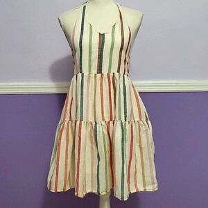 American Eagle Boho Cream Striped Holter Tiered Linen Blend Mini Dress
